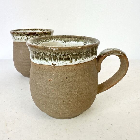 Set Of Two Dipped Spotted Glaze STONEWARE Mugs Pottery Rustic - Picture 2 of 11